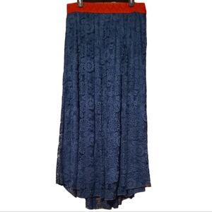 LLR LuLaRoe Navy Blue Lucy Maxi Skirt Lace Floral Print w Red Elastic Sz XL NWT
